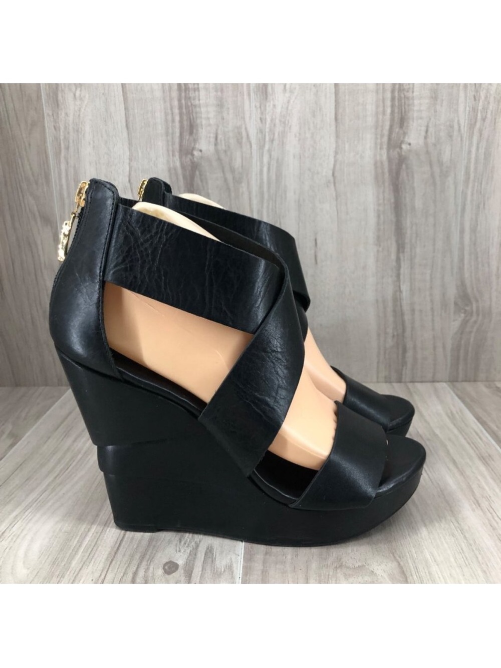 DVF Diane Von Furstenberg Wedge Sandals Womens 7.5 Black Leather Platform Shoes